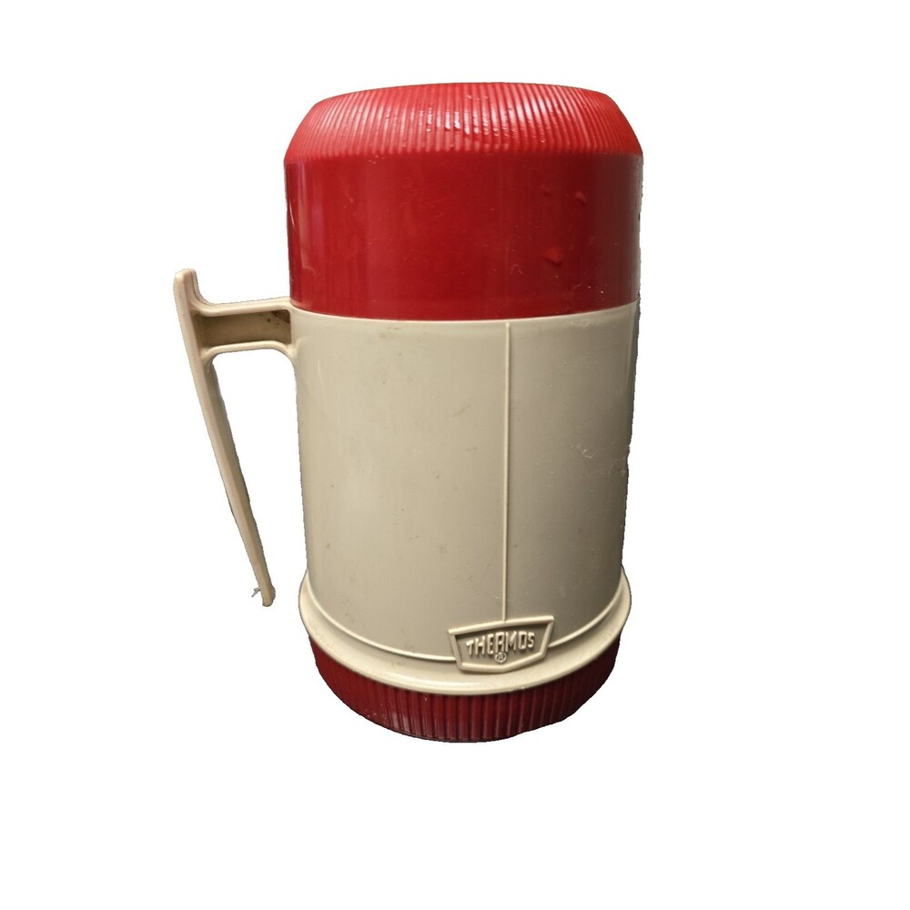Vintage Thermos Vacuum Bottle/Jar Model 6002 Tan/Red USA Wide Mouth Glass Lined